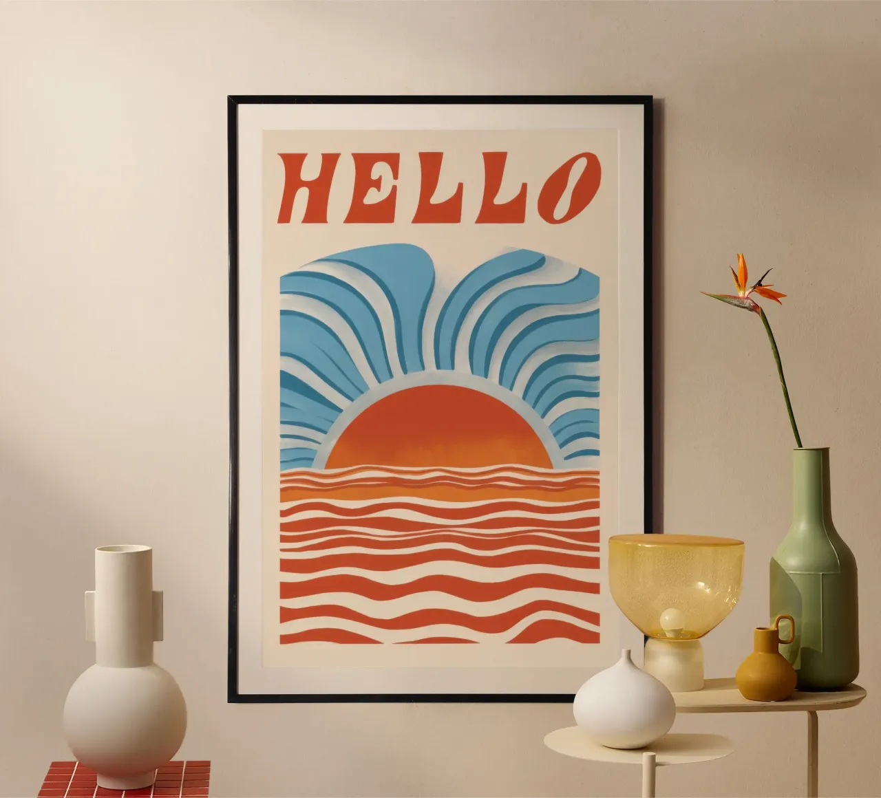 Hello Sunrise Waves poster con telaio in plastica da Bruce Juice