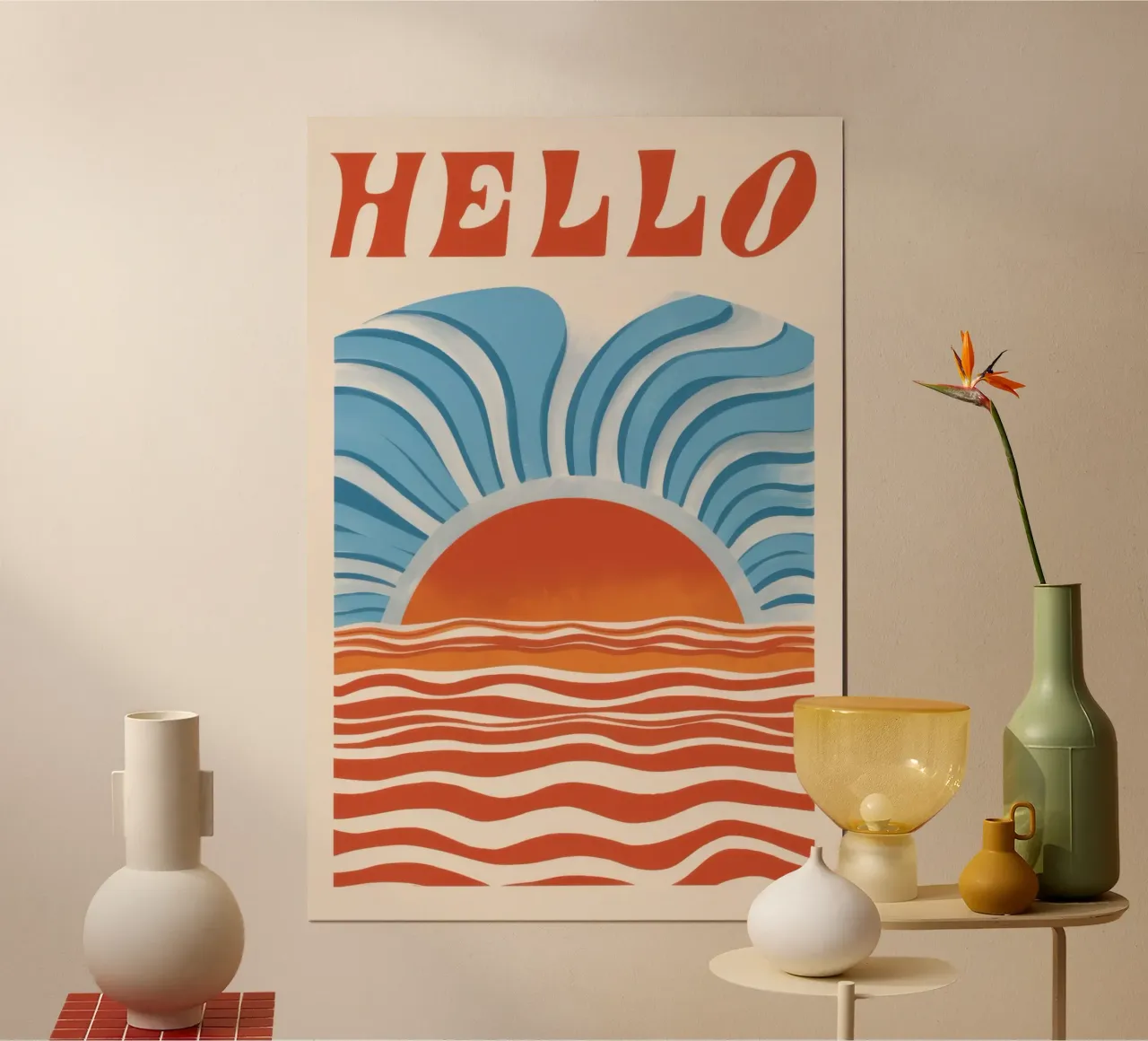 Hello Sunrise Waves poster con telaio in plastica da Bruce Juice