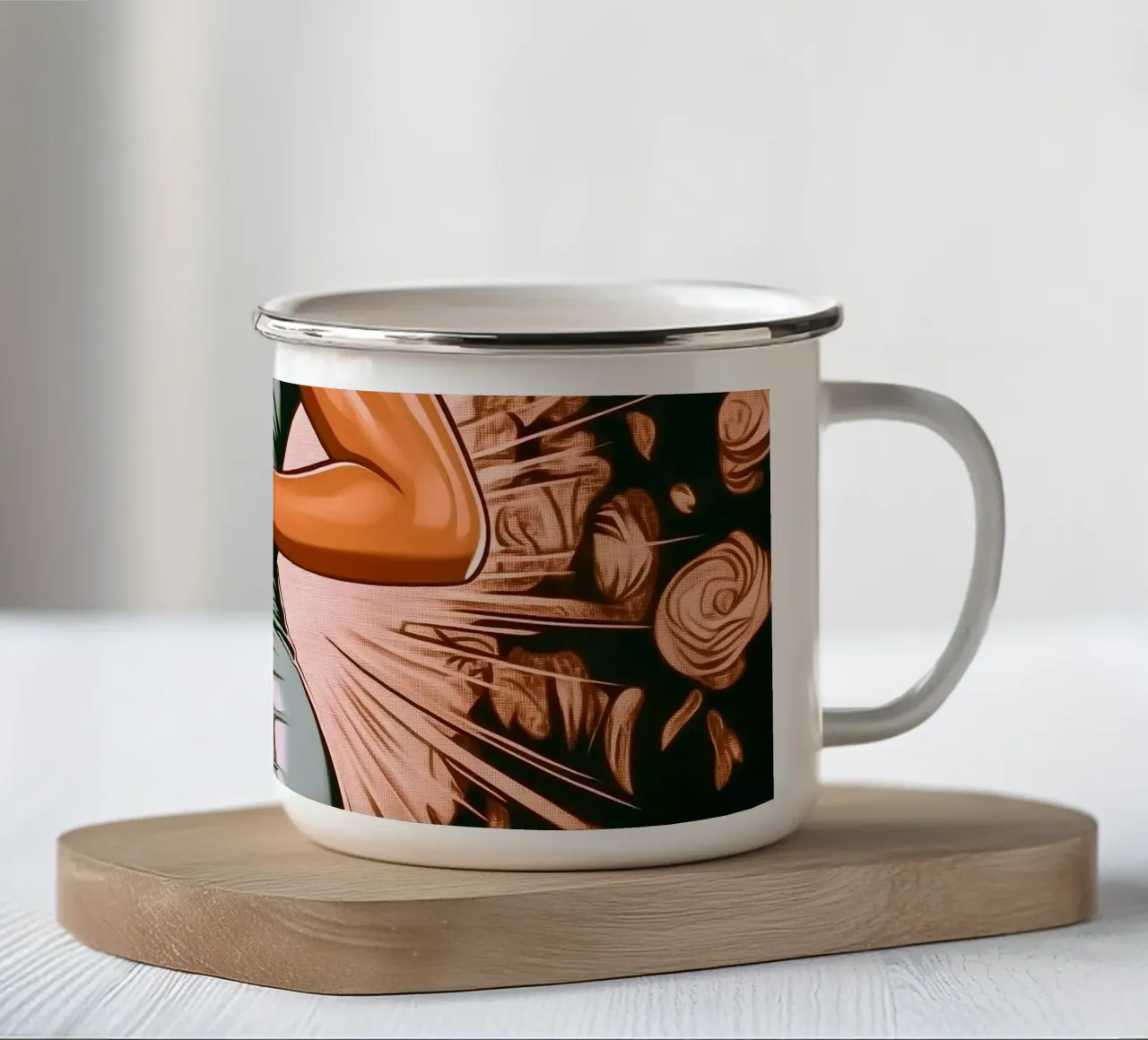 "Bloom" - Ritratto femminile in stile romanzo grafico moderno tazza in smalto da Synthaira