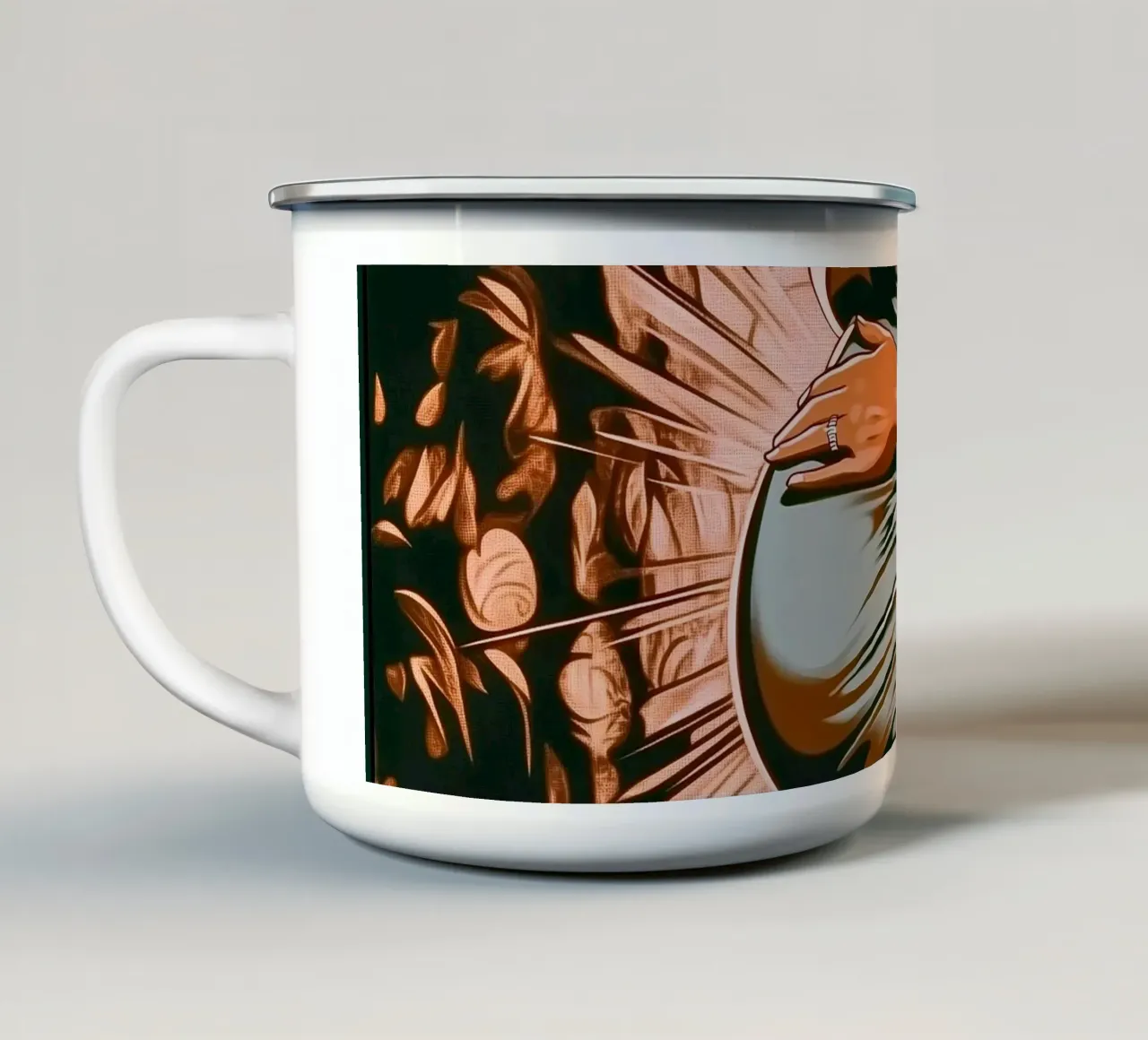 "Bloom" - Ritratto femminile in stile romanzo grafico moderno tazza in smalto da Synthaira