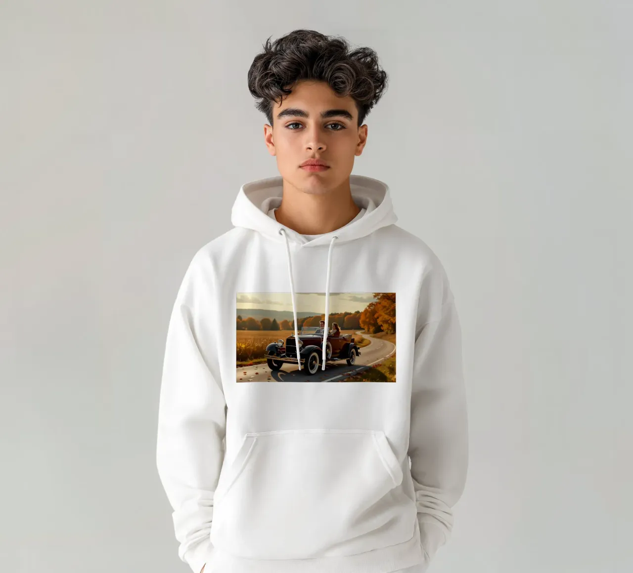 Coppia che viaggia in una Ford Model A decappottabile felpa con cappuccio da Magic Screen