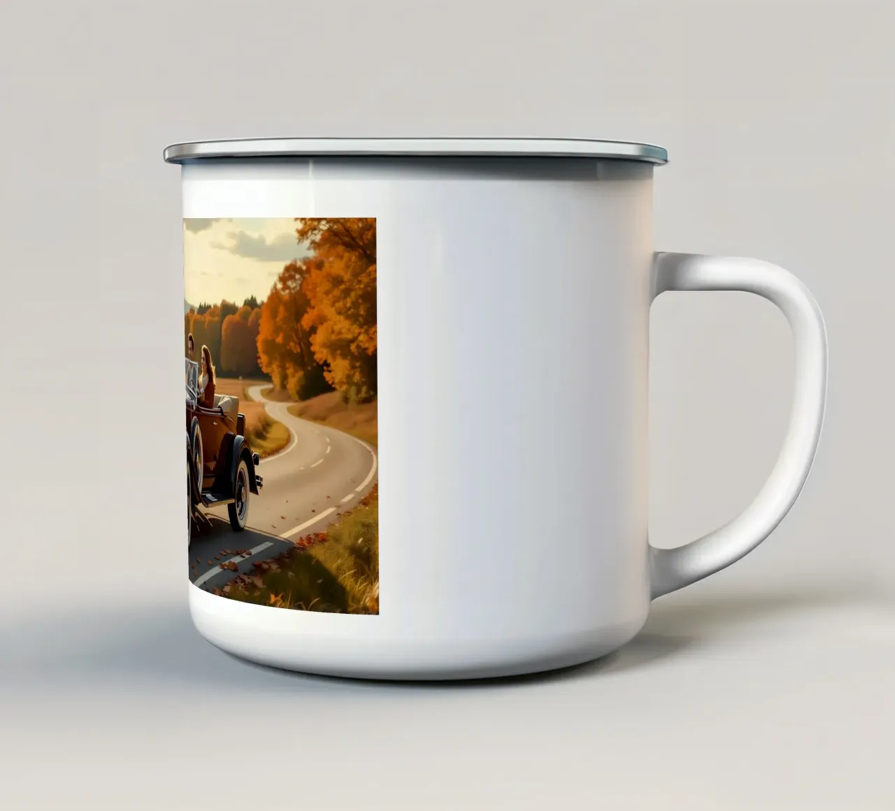 Coppia che viaggia in una Ford Model A decappottabile tazza in smalto da Magic Screen
