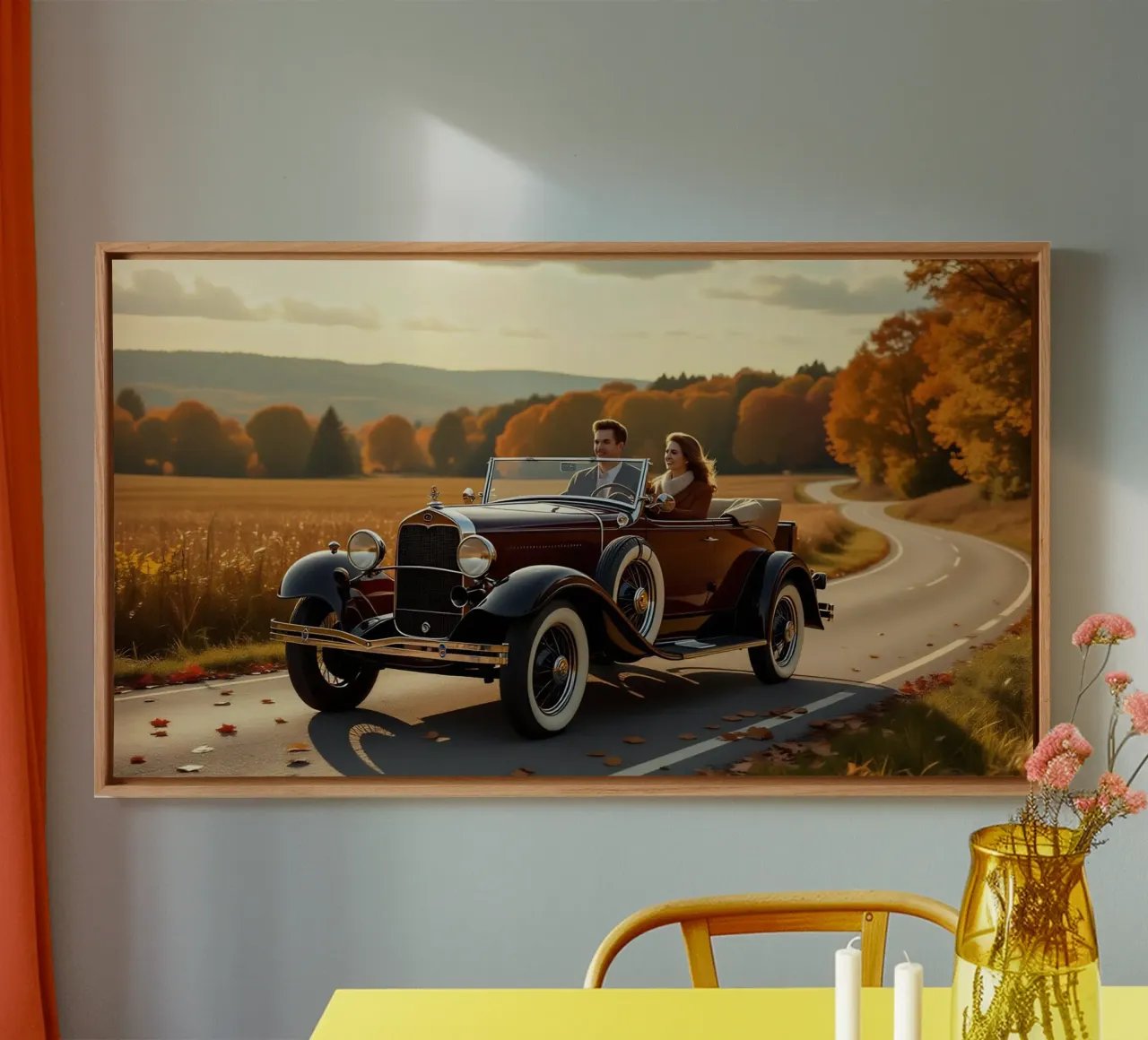 Coppia che viaggia in una Ford Model A decappottabile tela con Cornice a cassetta da Magic Screen