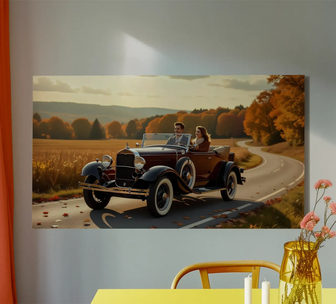 Coppia che viaggia in una Ford Model A decappottabile tela con Cornice a cassetta da Magic Screen