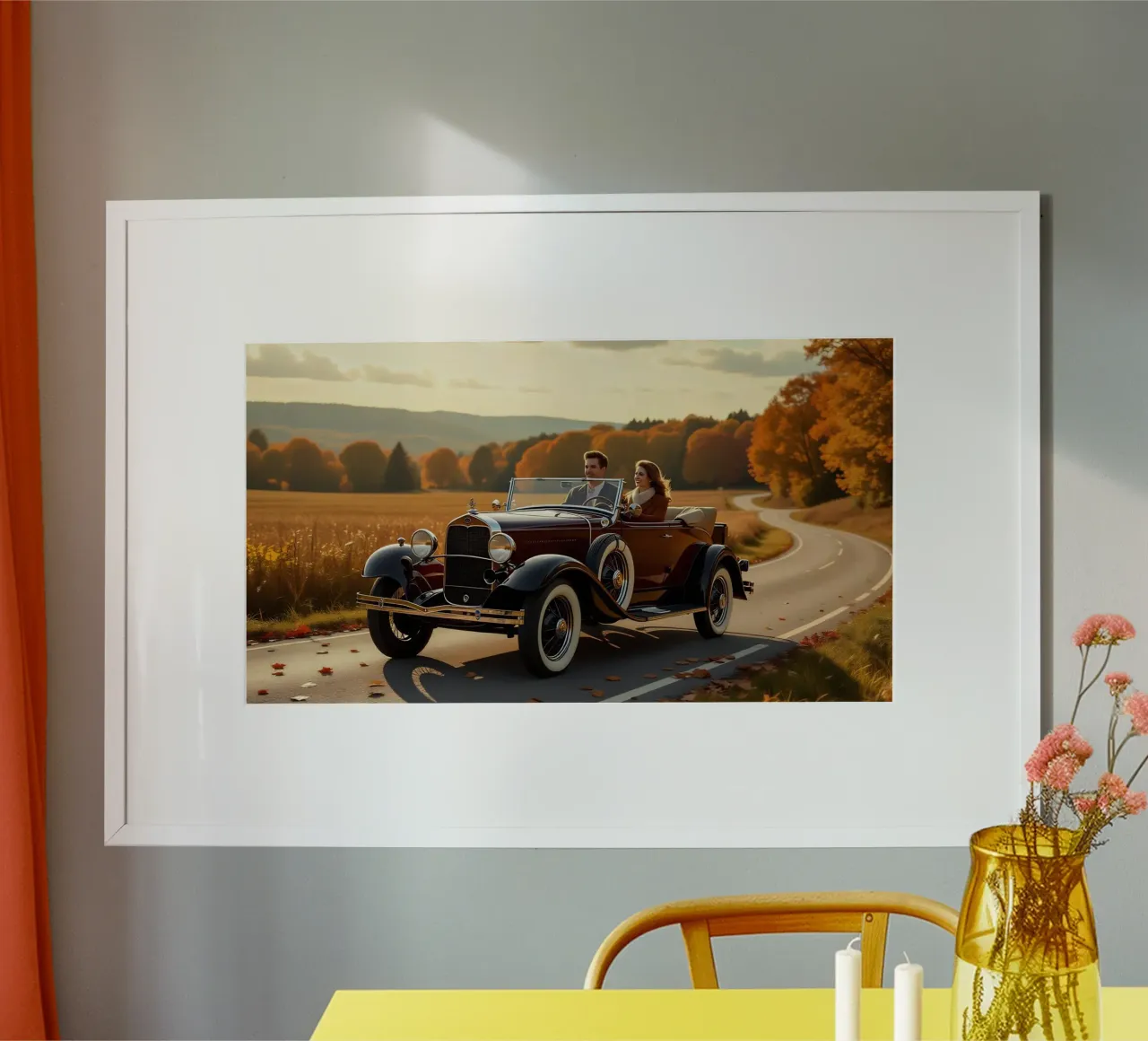 Paar op reis in een Ford Model A cabriolet poster met houten frame van Magic Screen