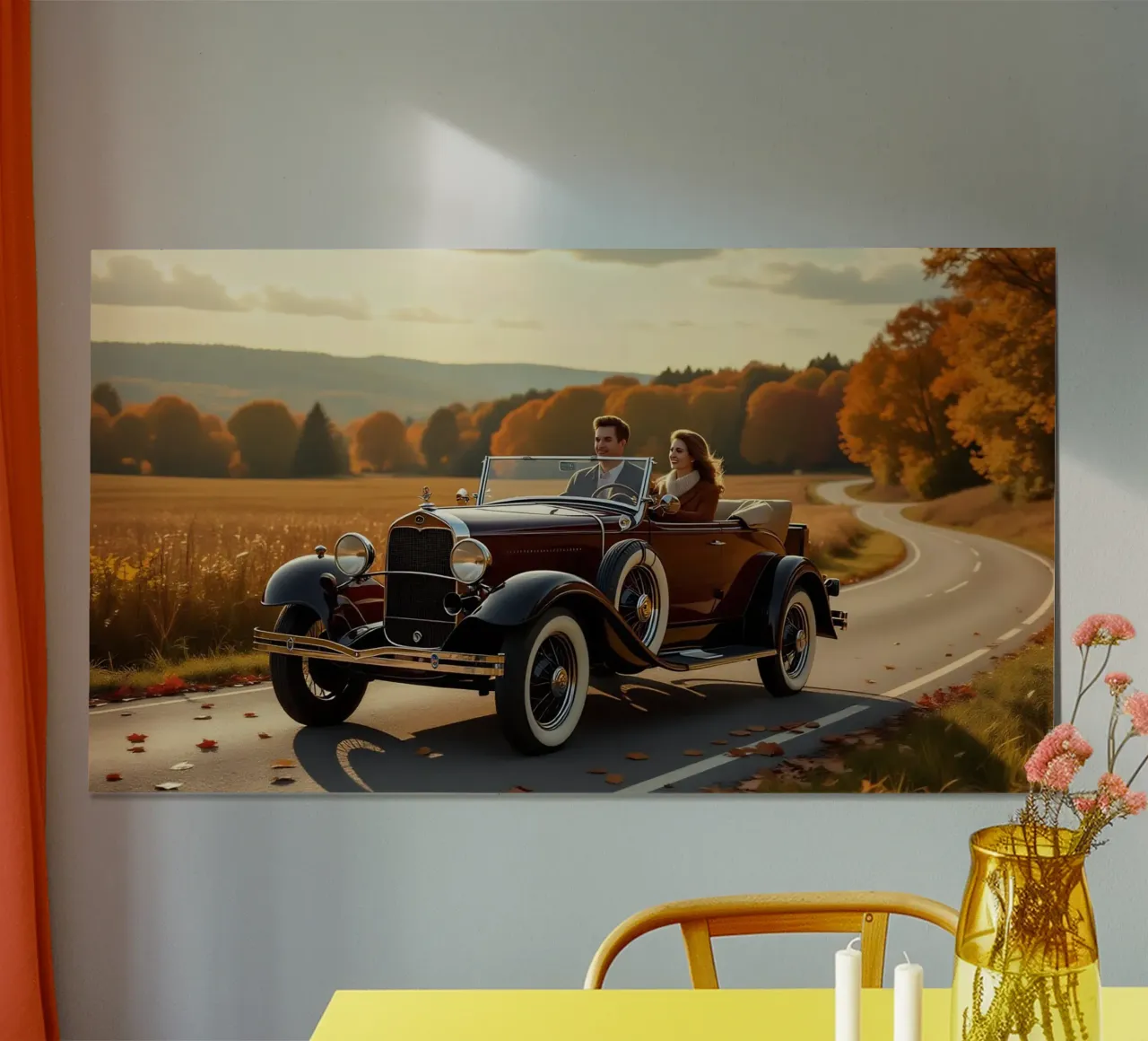 Paar op reis in een Ford Model A cabriolet poster met houten frame van Magic Screen