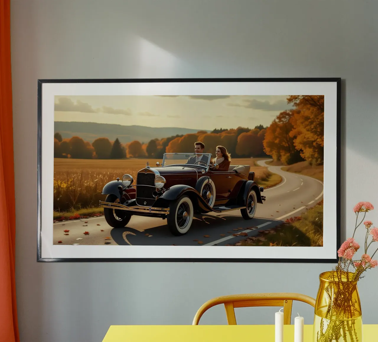 Paar op reis in een Ford Model A cabriolet poster met houten frame van Magic Screen