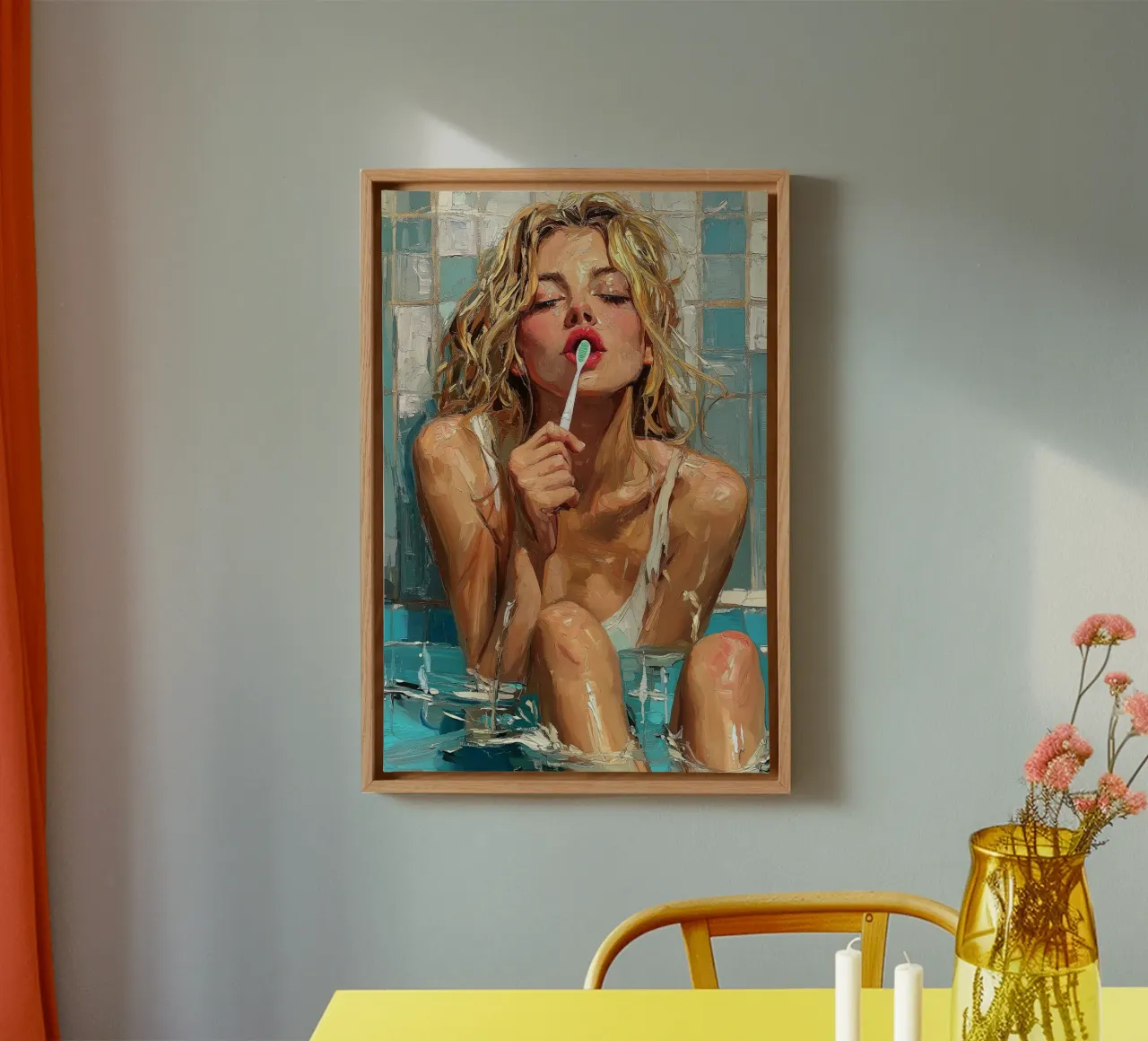 "Rituale mattutino con spazzolino da denti" - Impressionismo moderno tela con Cornice a cassetta da Synthaira