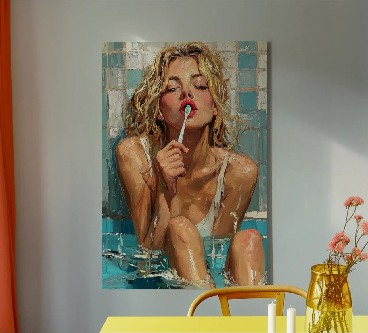"Rituale mattutino con spazzolino da denti" - Impressionismo moderno tela con Cornice a cassetta da Synthaira