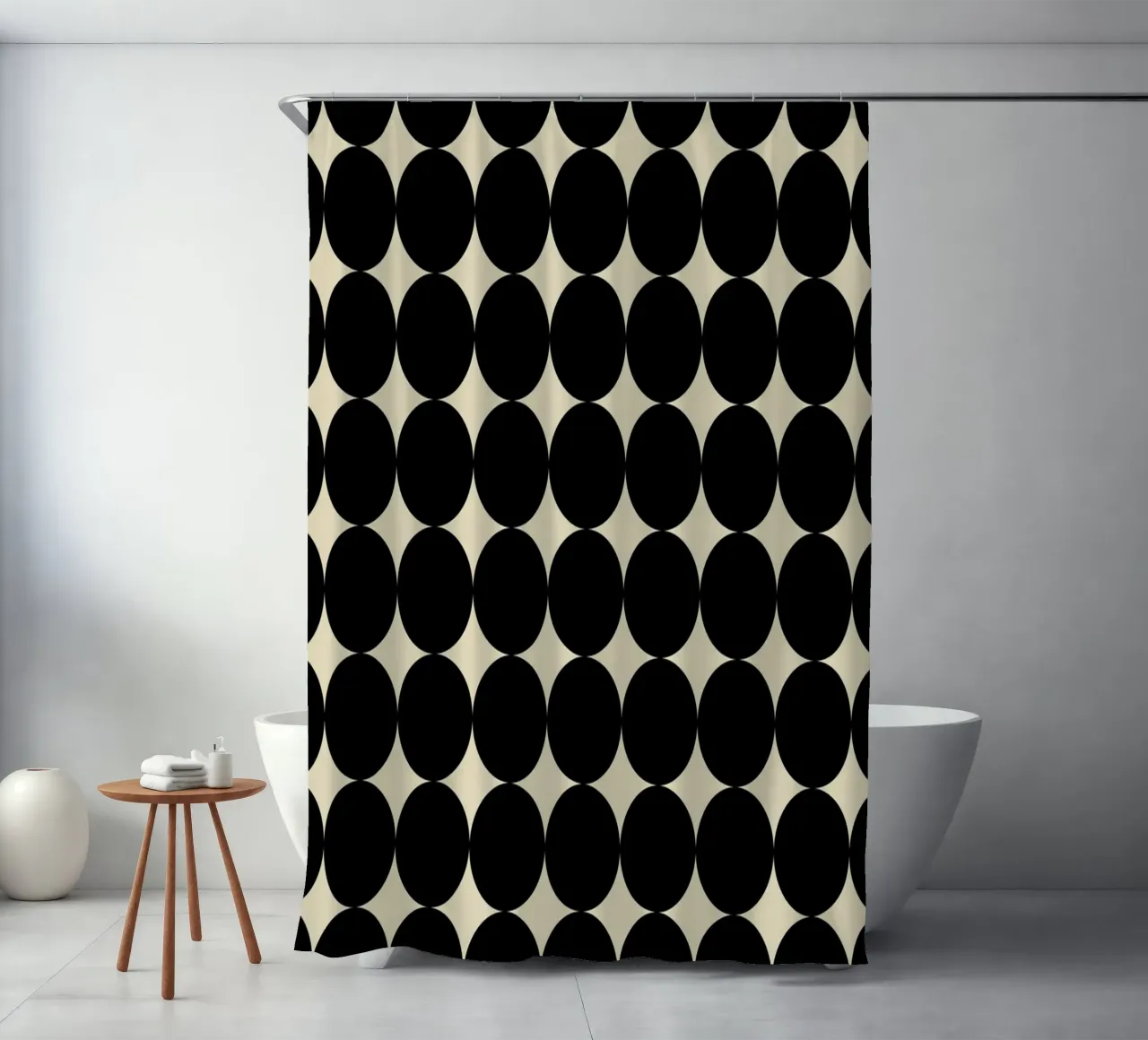 Minimal Geometric Scandi Circle Pattern | Black on Beige shower curtain by Beauty in Simplicity