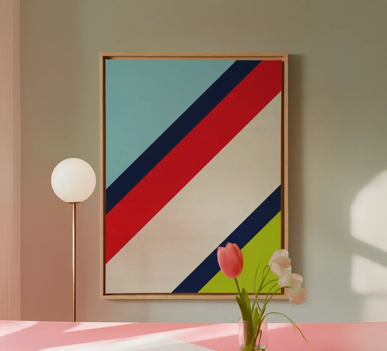Design geometrico a strisce e legno tela con Cornice a cassetta da Petra Lang