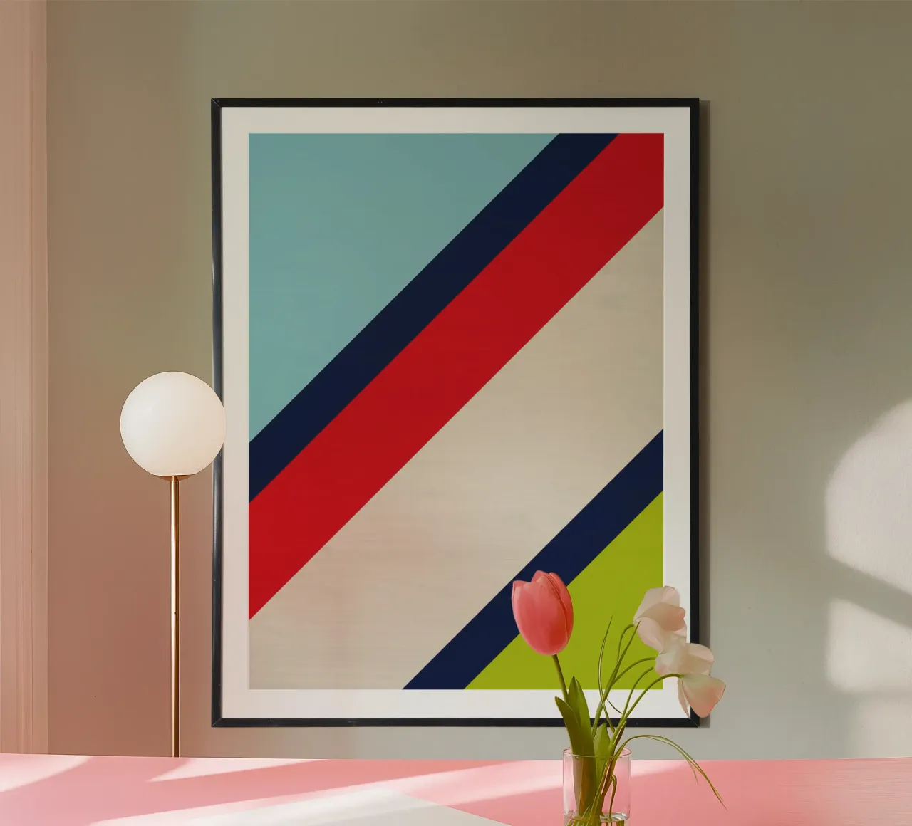 Geometrisch ontwerp, strepen en hout poster met kunststof frame van Petra Lang
