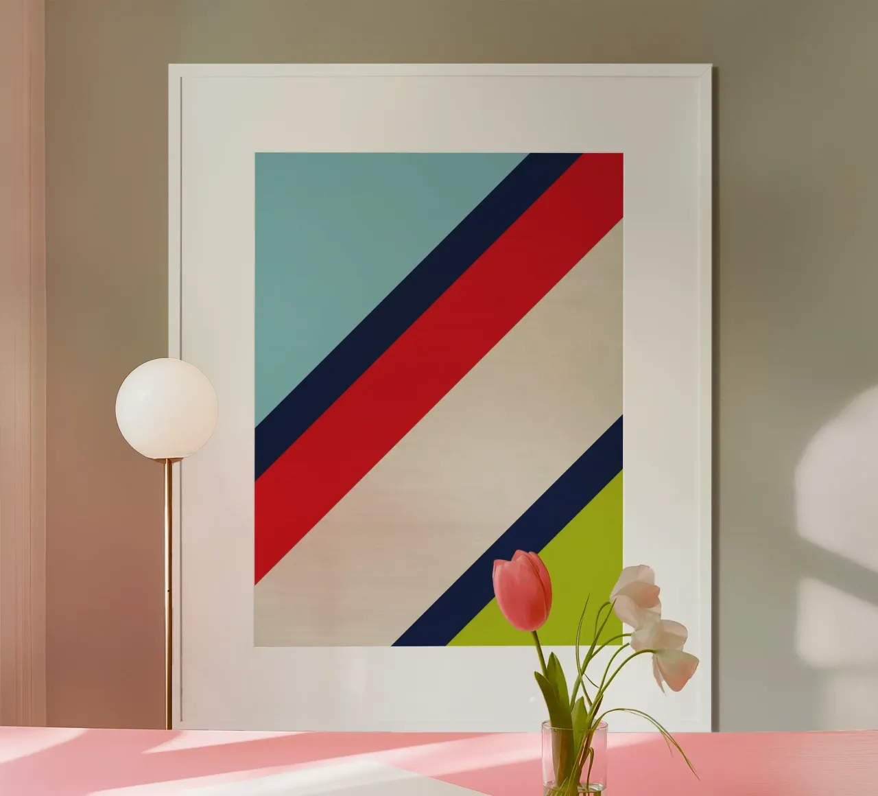 Geometrisch ontwerp, strepen en hout poster met kunststof frame van Petra Lang