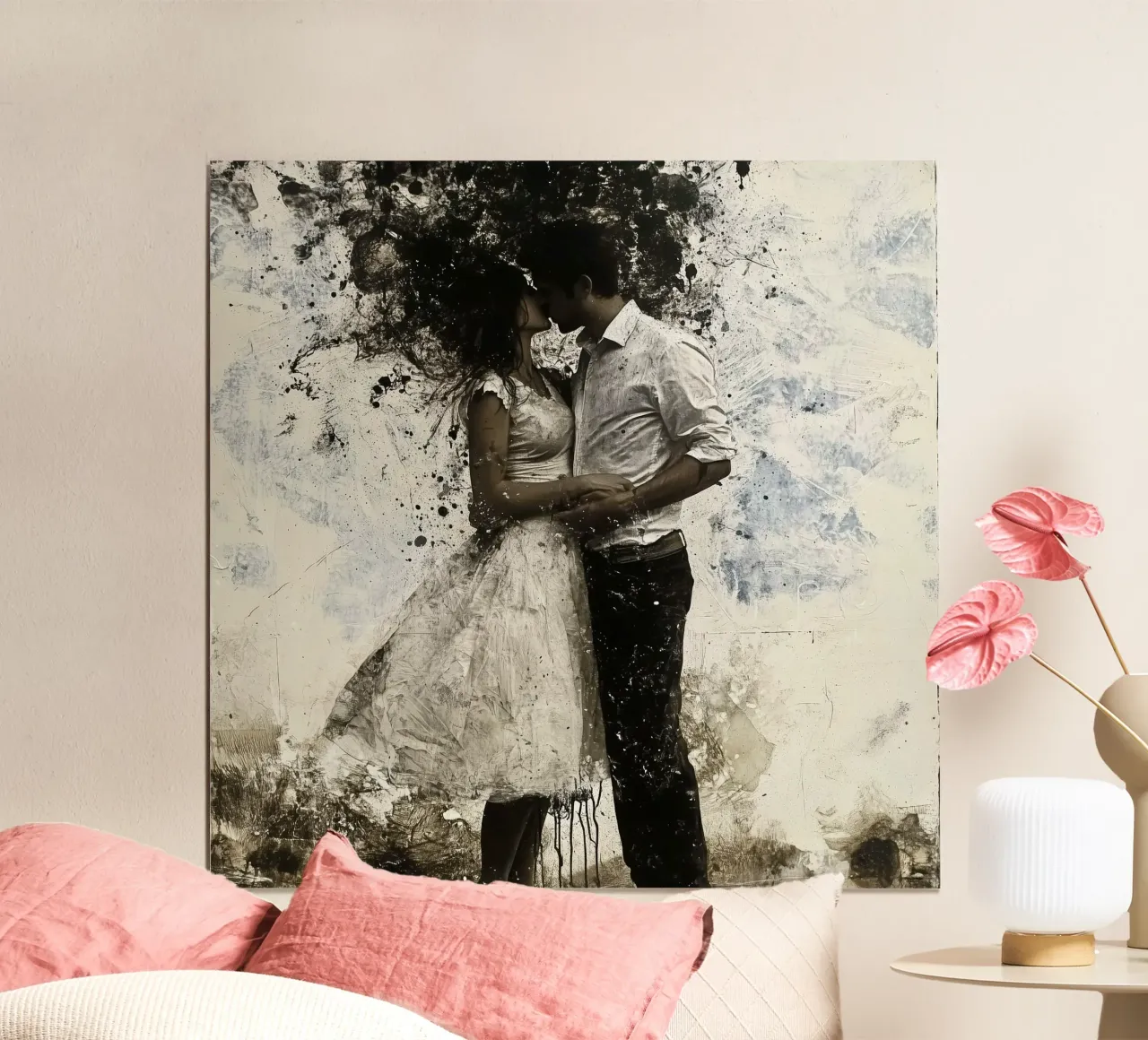 "El beso" - Impresión artística abstracta, cruda y apasionada poster con marco de plástico de Synthaira