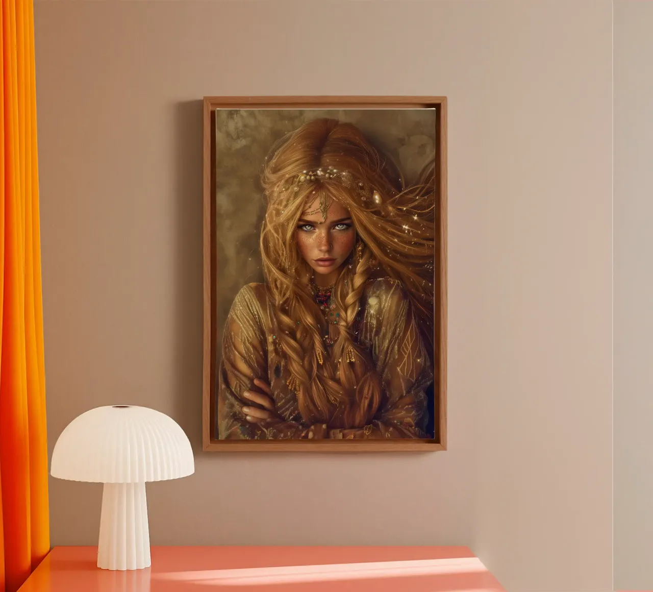 "Golden Hour" - Arte murale di bellezza bohémien e mistica tela con Cornice a cassetta da Synthaira