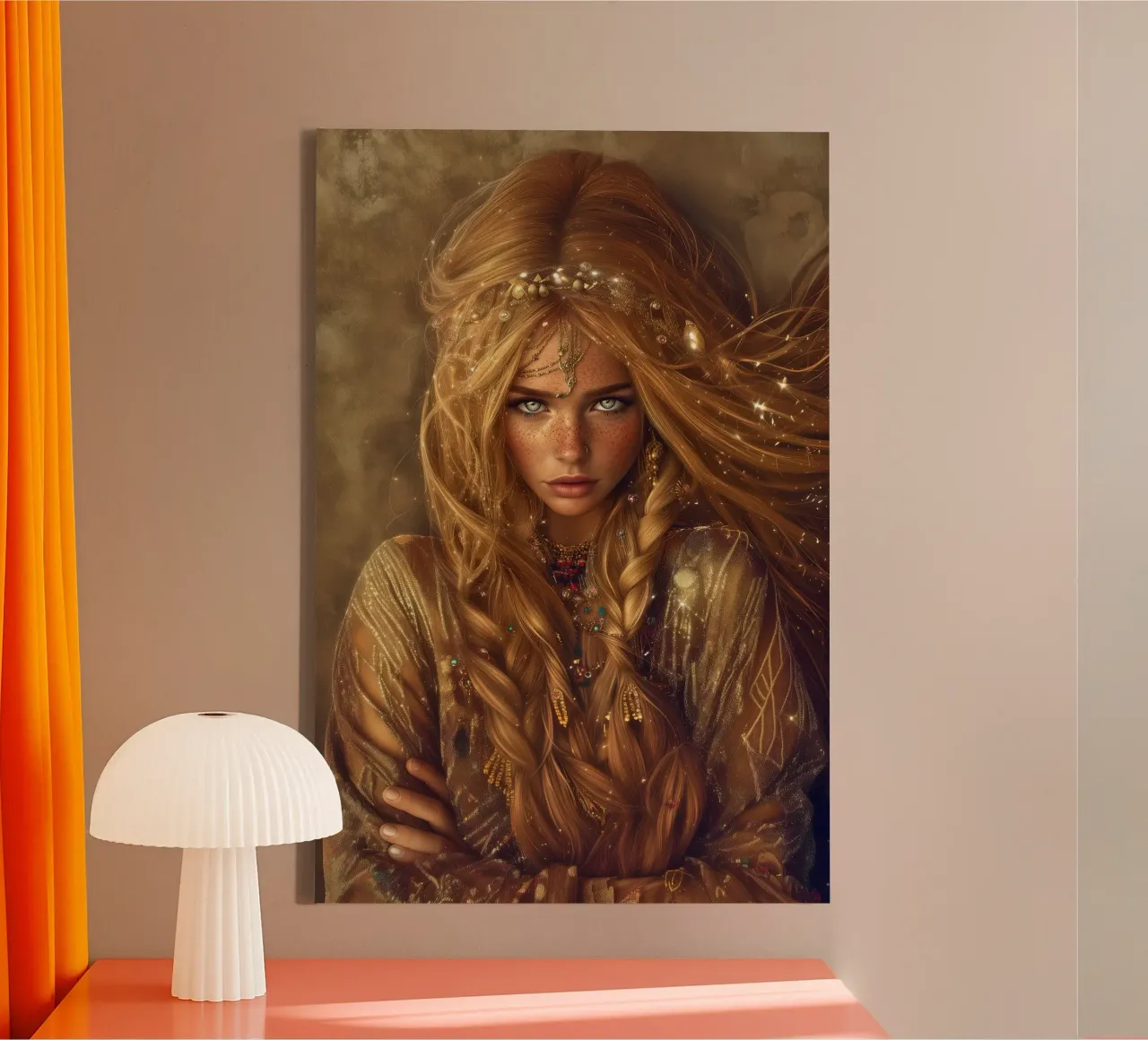 "Golden Hour" - Arte murale di bellezza bohémien e mistica tela con Cornice a cassetta da Synthaira