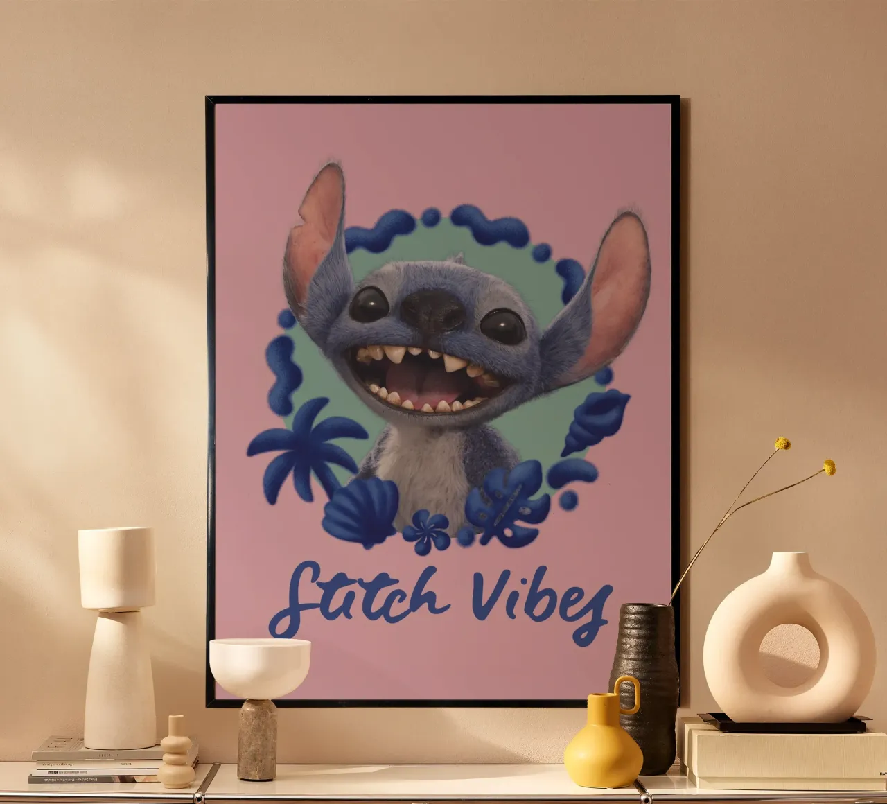 Stitch VIBES - rosa poster con telaio in alluminio da Stitch