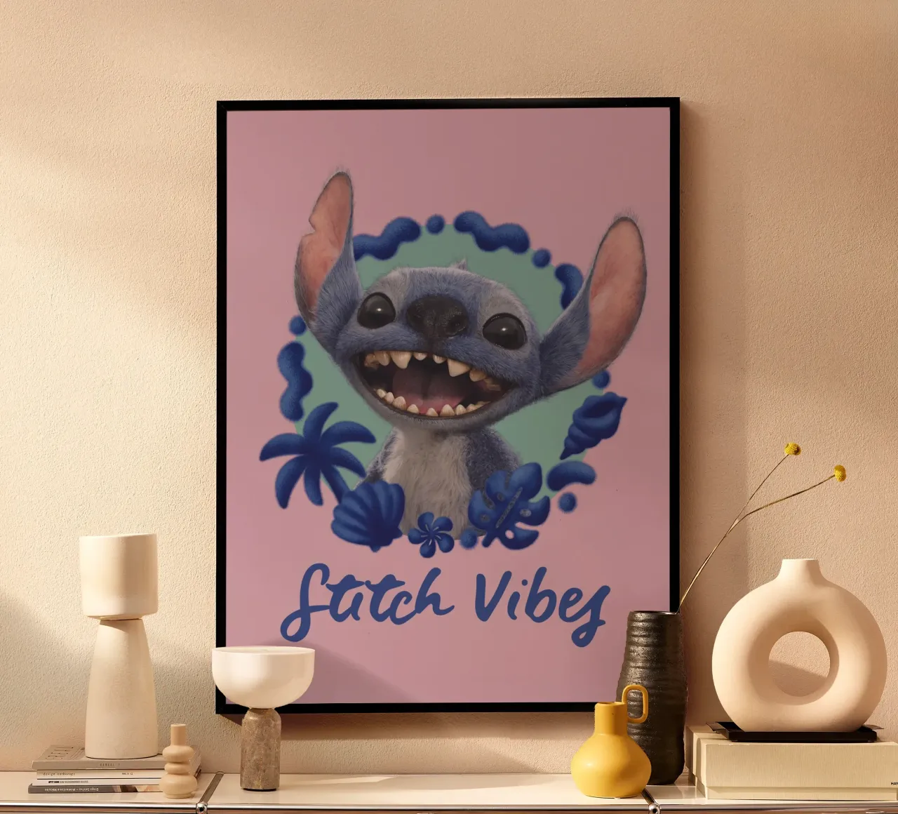 Stitch VIBES - rosa poster con telaio in alluminio da Stitch