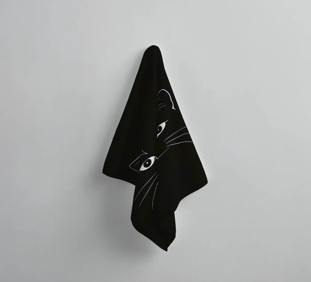 Black Background with White Line Drawing of a Cat Face towel by DesignDoodle