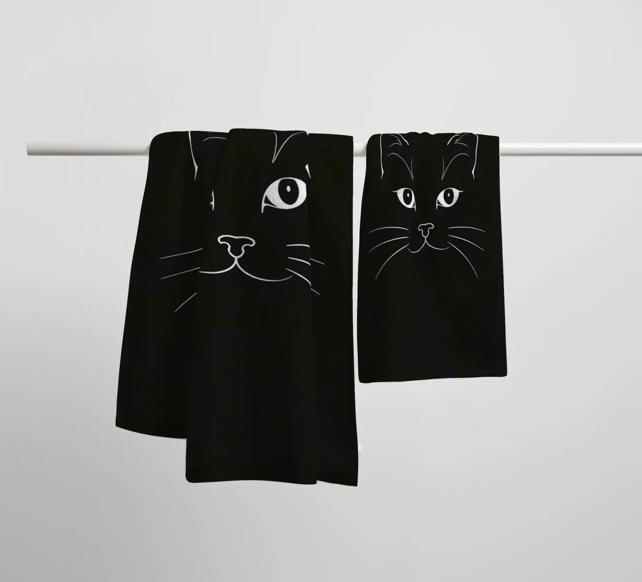 Black Background with White Line Drawing of a Cat Face towel by DesignDoodle