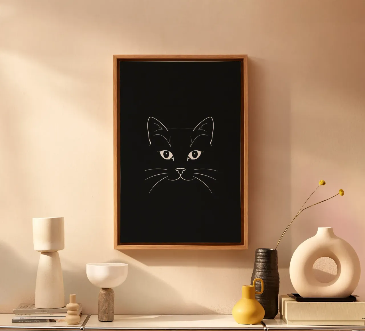 Sfondo nero con disegno lineare bianco di un volto di gatto tela con Cornice a cassetta da DesignDoodle