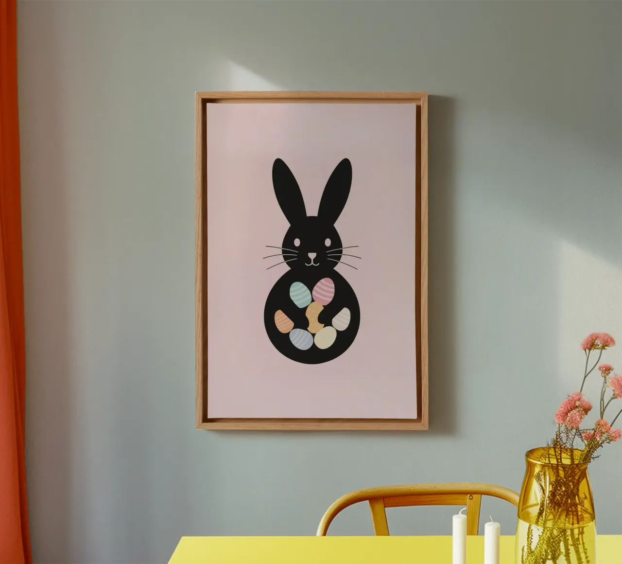 Black Rabbit Silhouette with Easter Eggs on Pink Background canvas with Floater frame by DesignDoodle