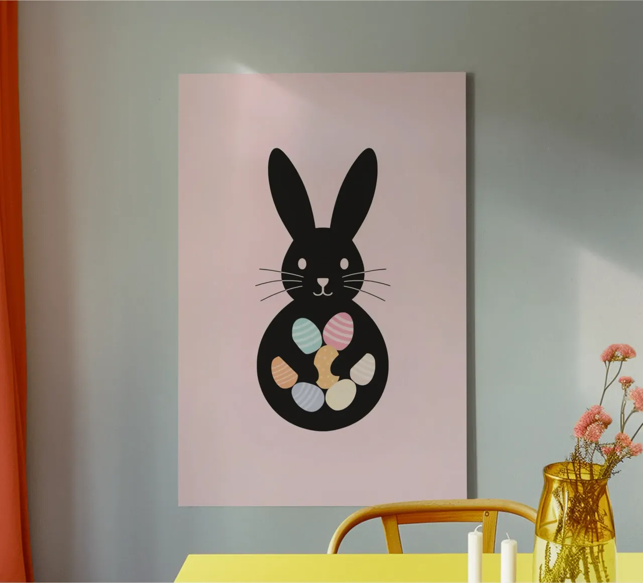 Black Rabbit Silhouette with Easter Eggs on Pink Background canvas with Floater frame by DesignDoodle