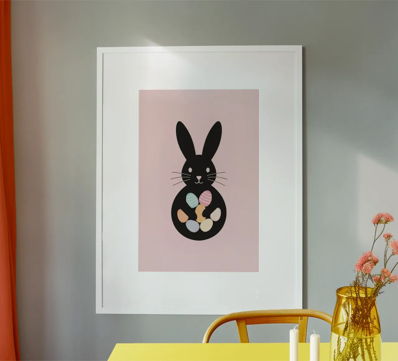Black Rabbit Silhouette with Easter Eggs on Pink Background poster with wooden frame by DesignDoodle