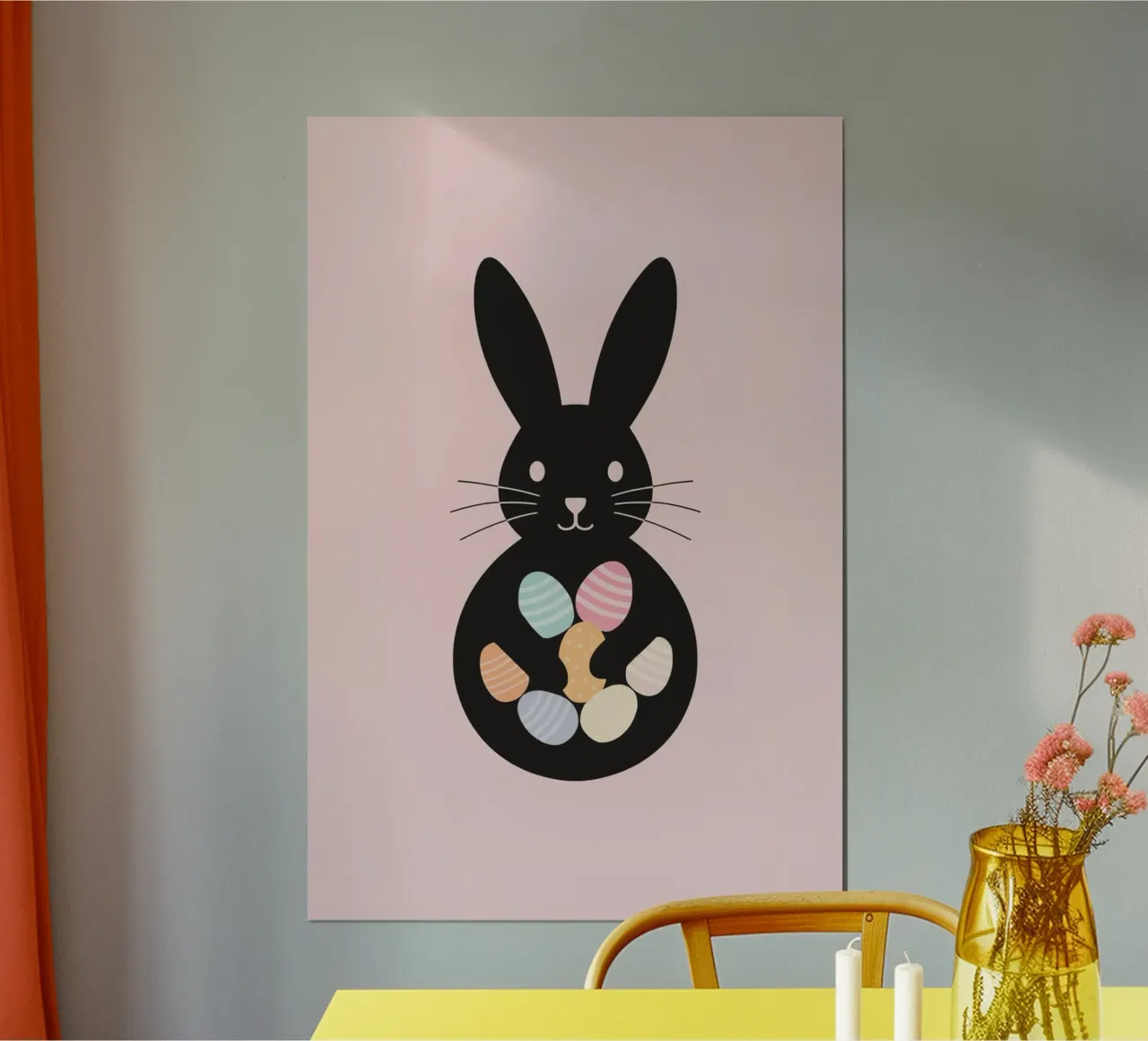 Black Rabbit Silhouette with Easter Eggs on Pink Background poster with wooden frame by DesignDoodle