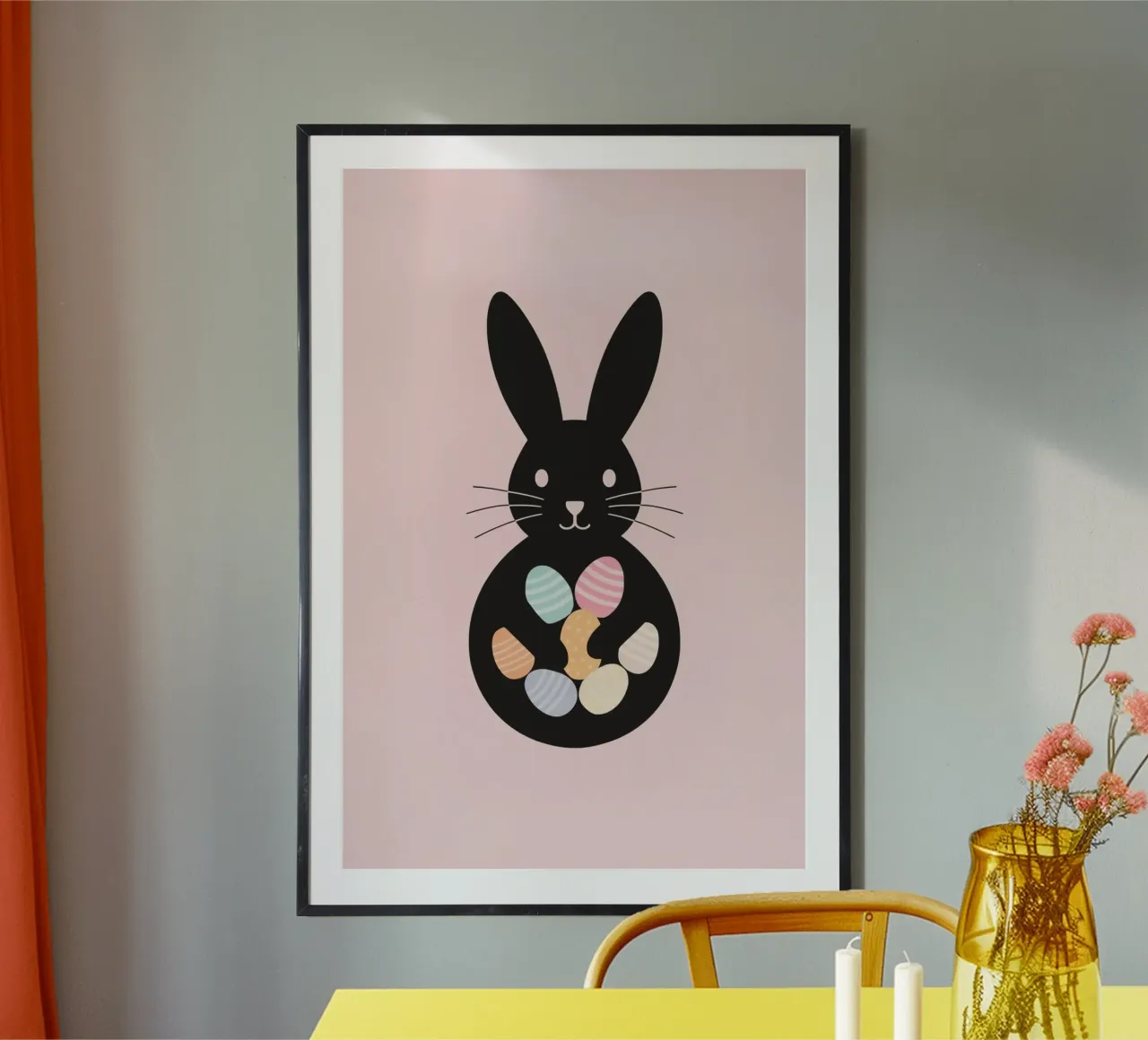 Black Rabbit Silhouette with Easter Eggs on Pink Background poster with wooden frame by DesignDoodle