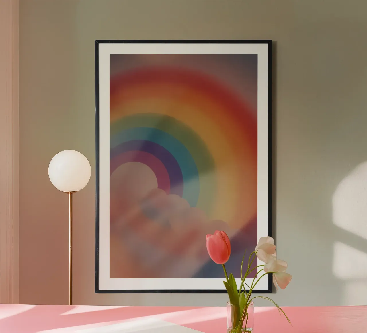 Arcobaleno sfocato e forme di nuvole poster con telaio in legno da DesignDoodle