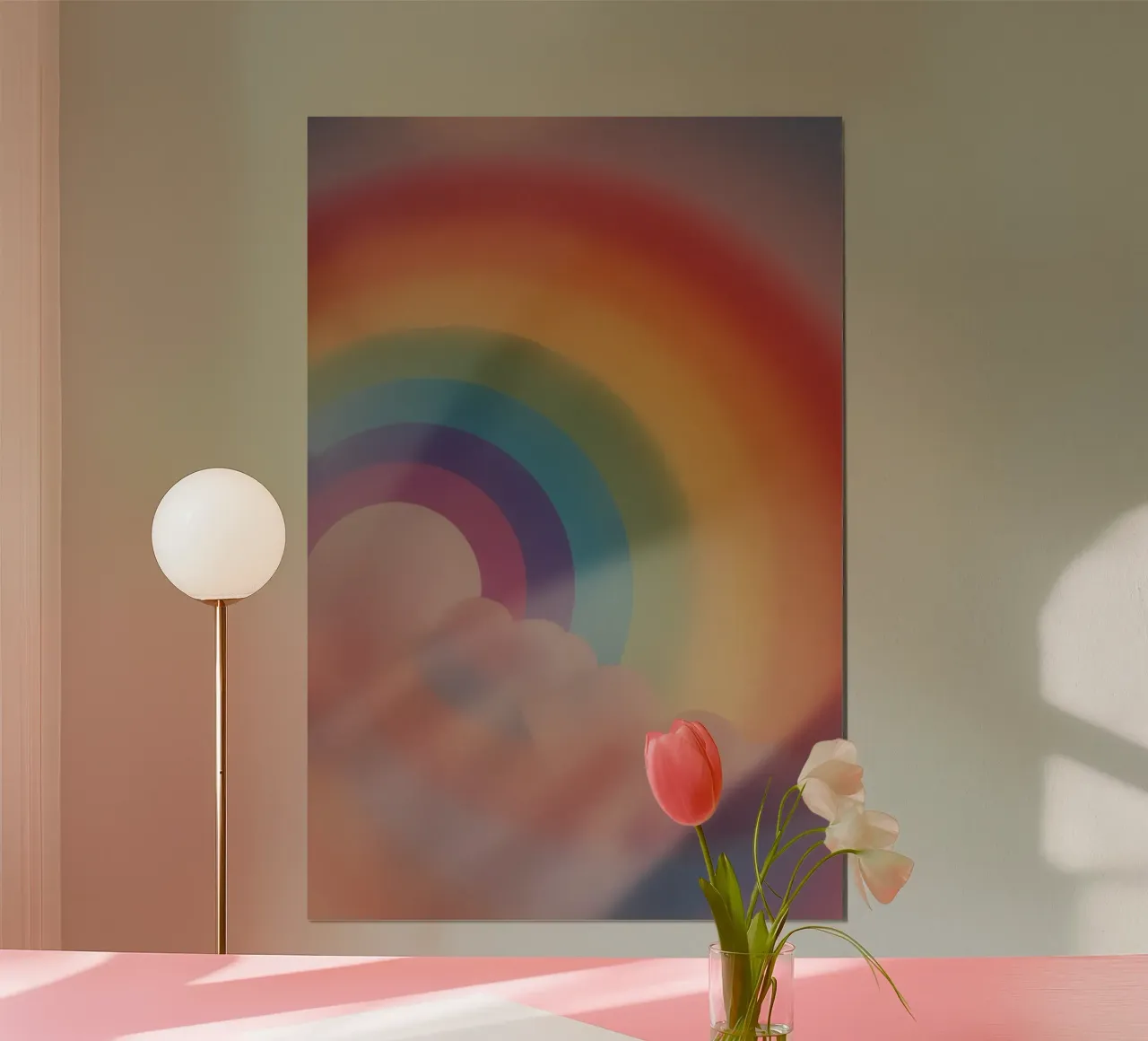 Arcobaleno sfocato e forme di nuvole poster con telaio in legno da DesignDoodle
