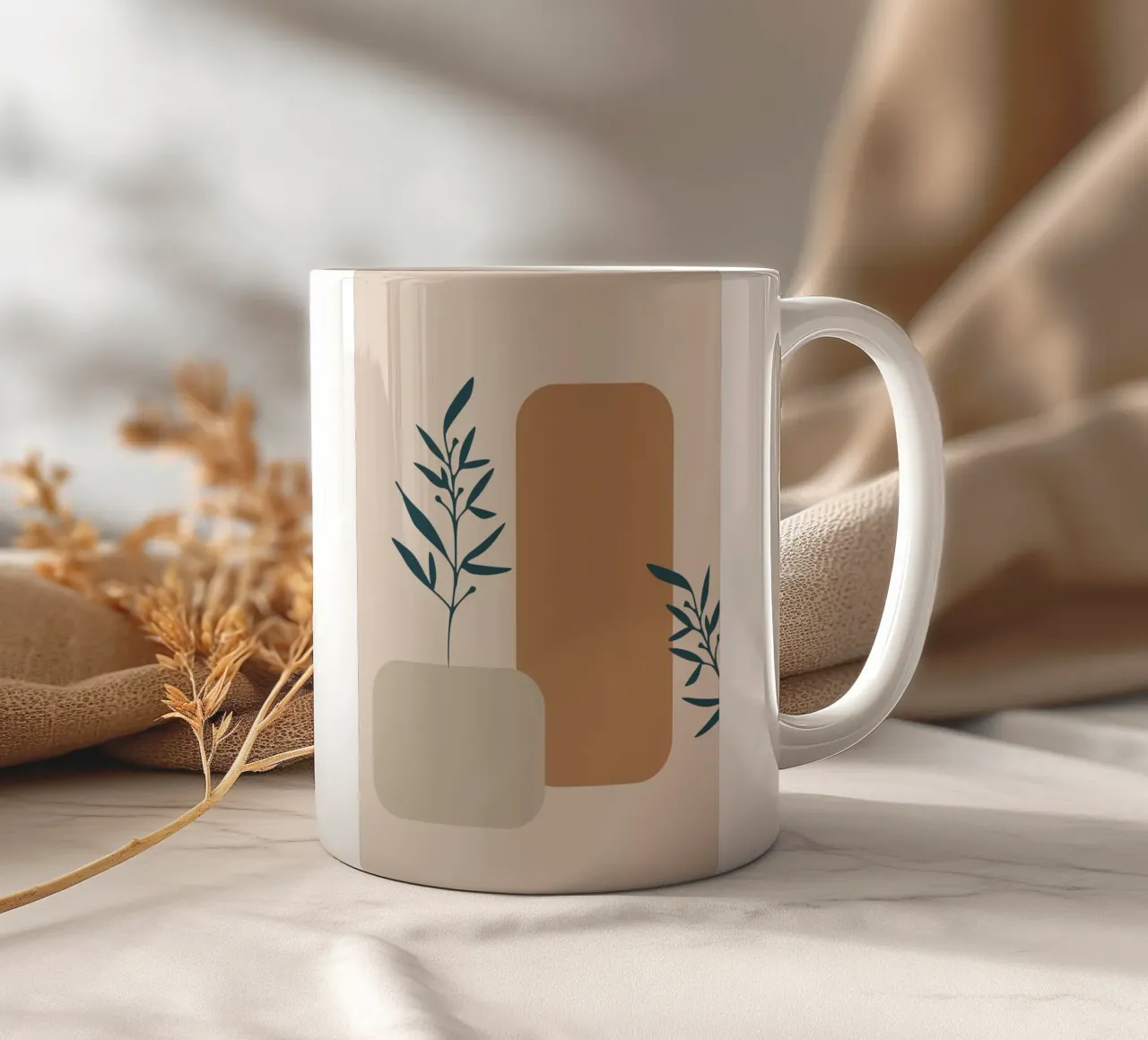 branch with boho leaves tazza in ceramica da vintageshop