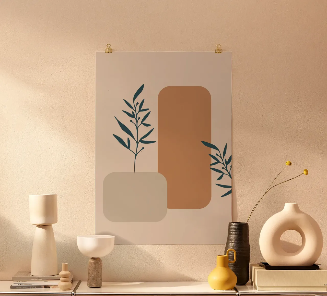 branch with boho leaves poster con telaio in plastica da vintageshop