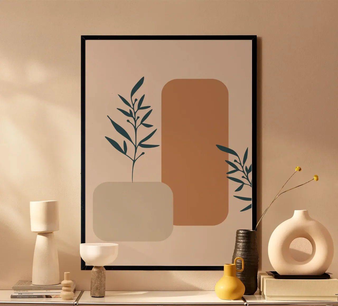 branch with boho leaves poster con telaio in plastica da vintageshop