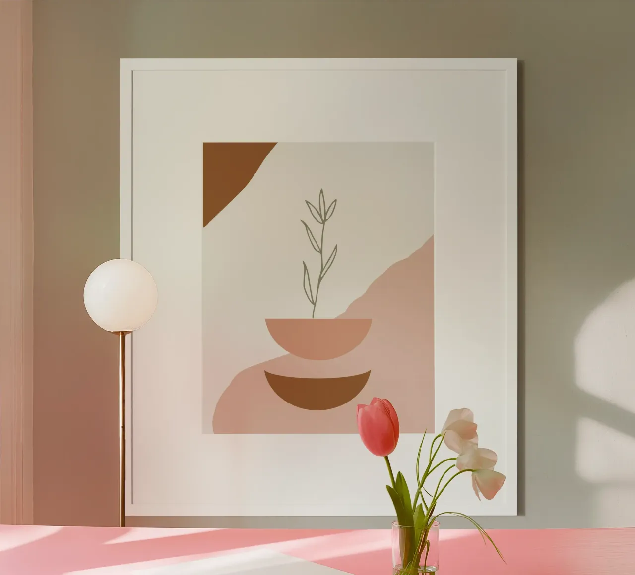 branch with minimalist leaves poster con telaio in plastica da vintageshop