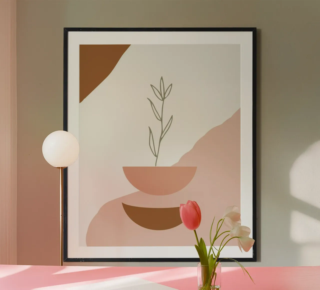branch with minimalist leaves poster con telaio in plastica da vintageshop