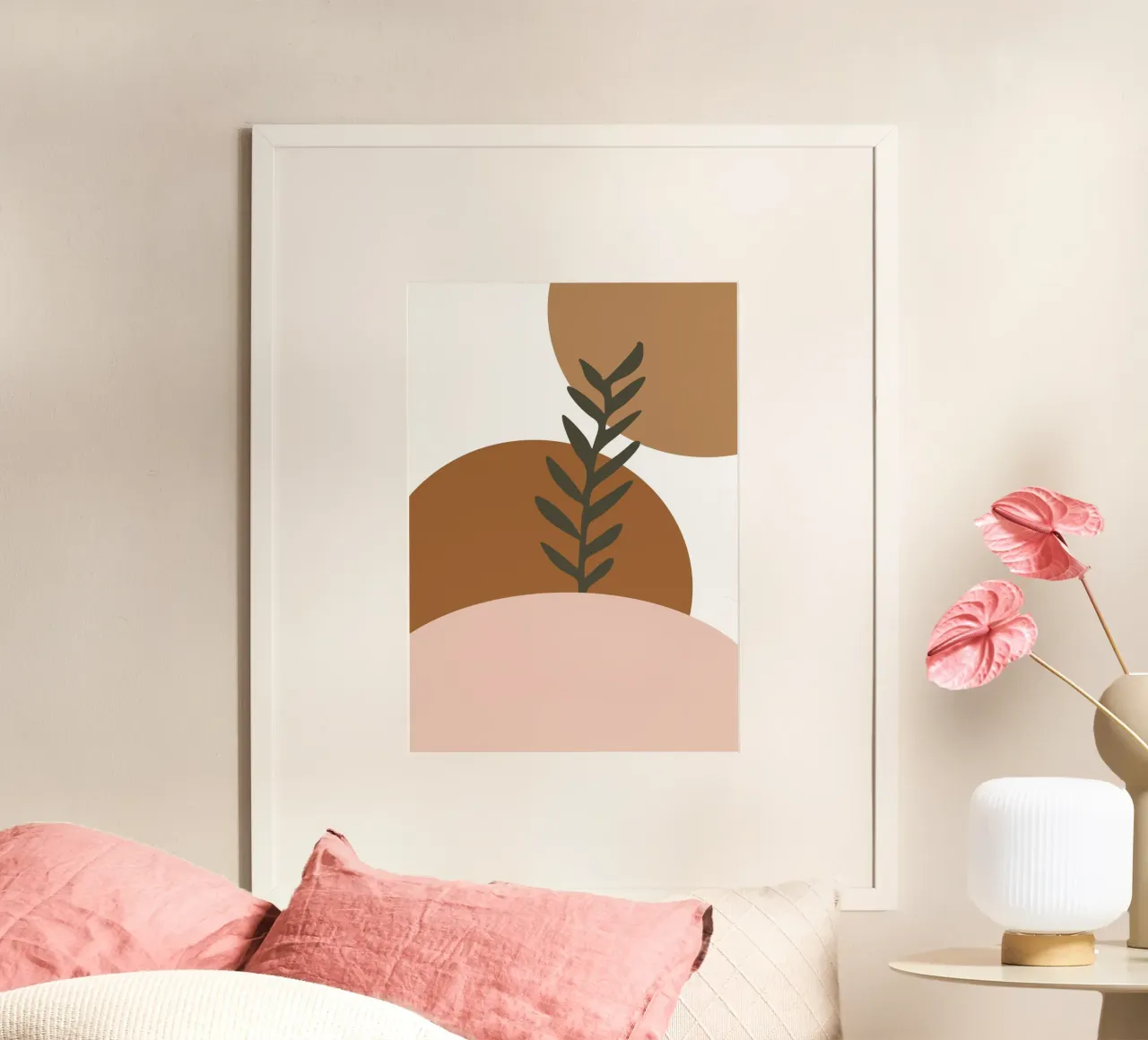 minimalist leaf and half circles poster con telaio in legno da vintageshop