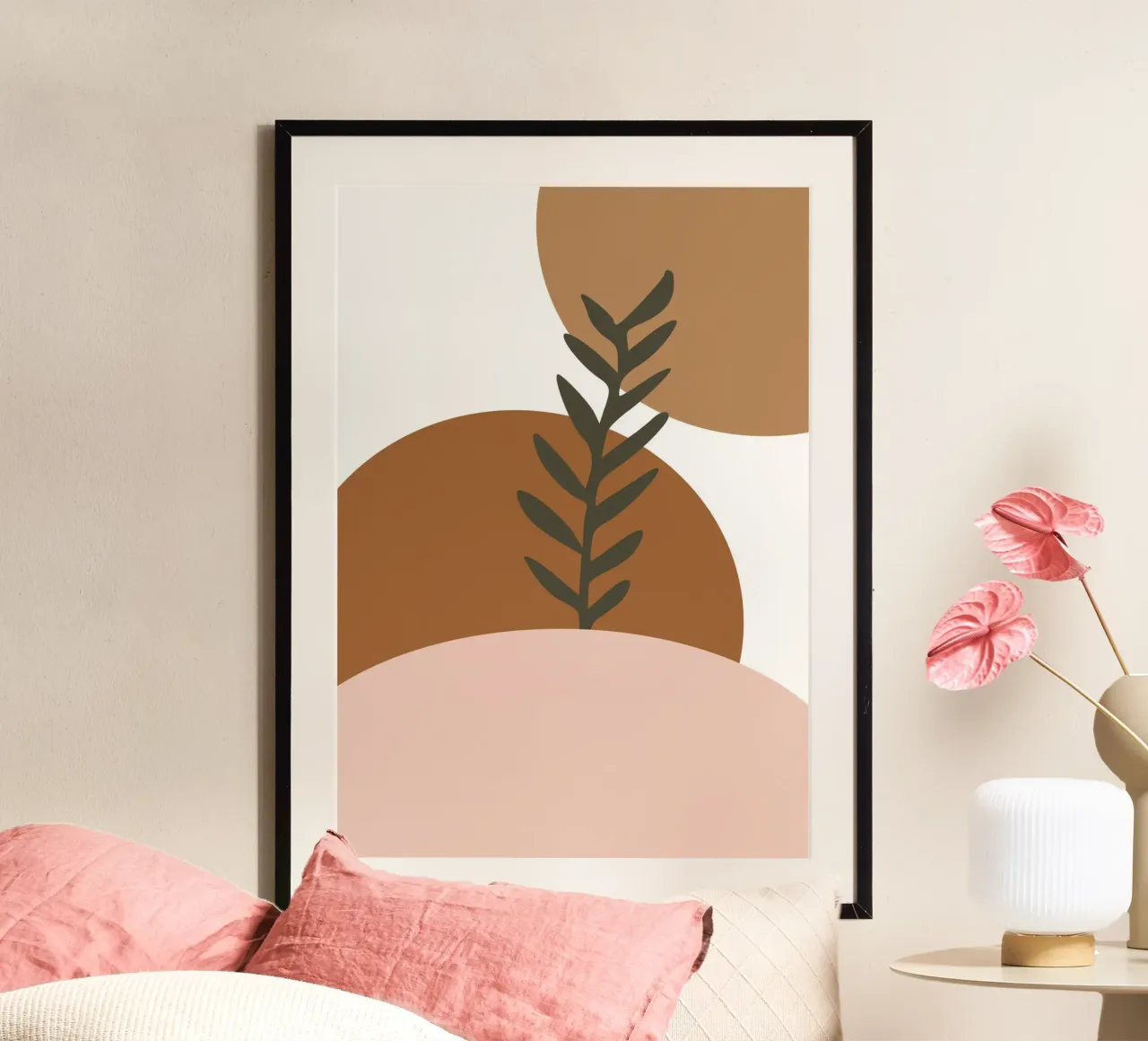 minimalist leaf and half circles poster con telaio in legno da vintageshop