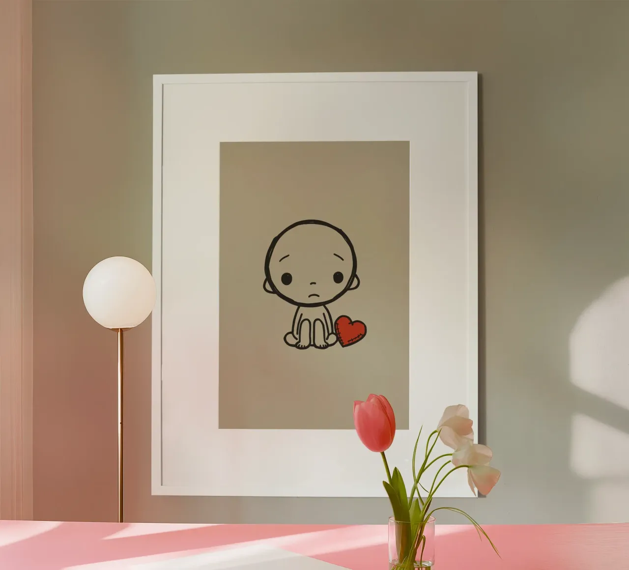 Ragazzo dei cartoni animati seduto accanto a un cuore rosso cucito poster con telaio in alluminio da DesignDoodle