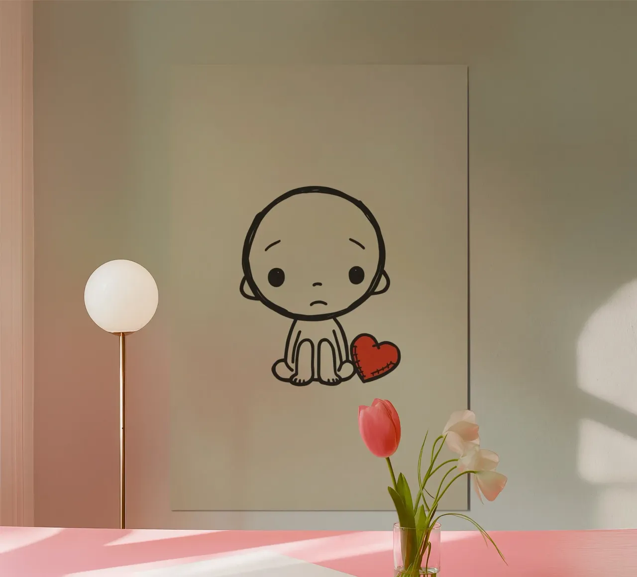 Ragazzo dei cartoni animati seduto accanto a un cuore rosso cucito poster con telaio in alluminio da DesignDoodle