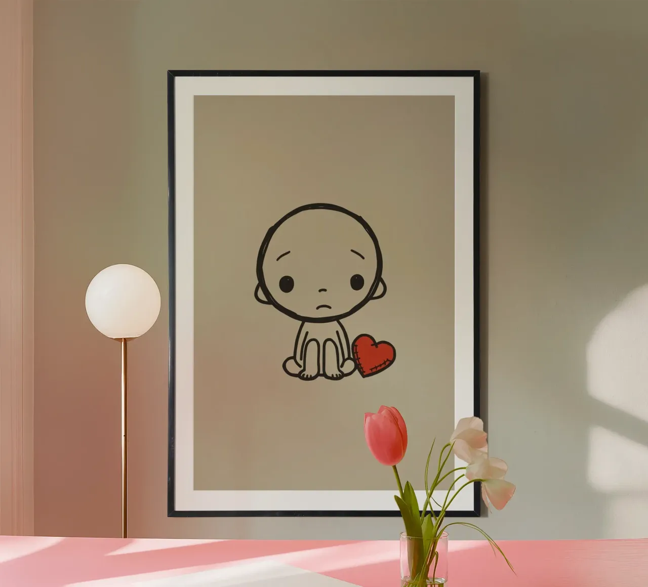 Ragazzo dei cartoni animati seduto accanto a un cuore rosso cucito poster con telaio in alluminio da DesignDoodle