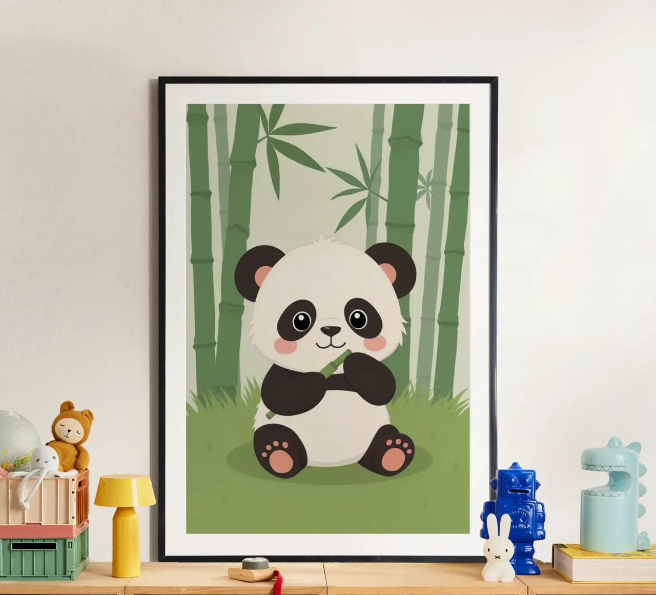Panda a cartoni animati con bambù nella foresta di bambù poster con telaio in alluminio da DesignDoodle