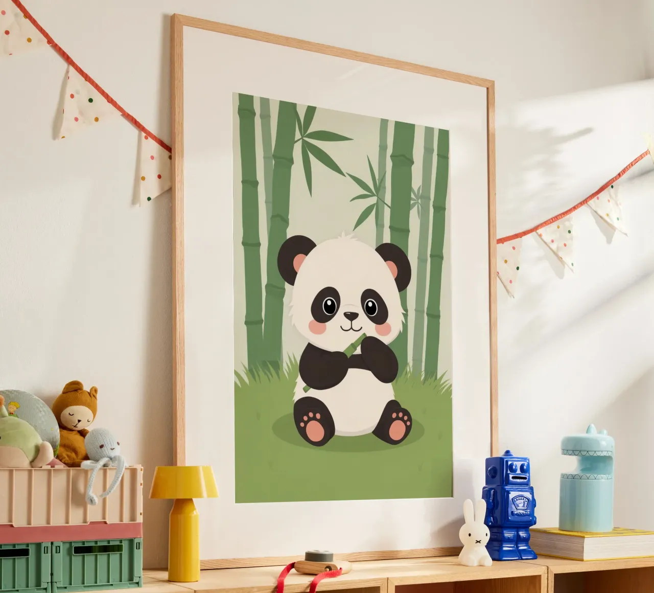 Panda a cartoni animati con bambù nella foresta di bambù poster con telaio in alluminio da DesignDoodle
