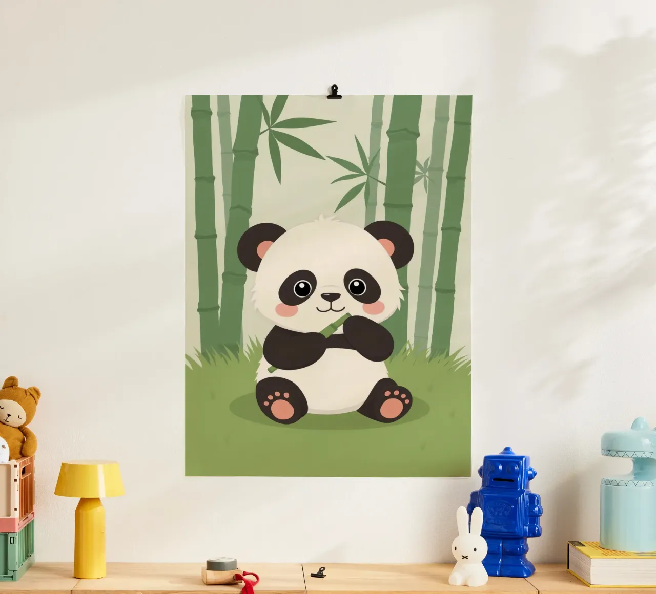 Panda a cartoni animati con bambù nella foresta di bambù poster con telaio in alluminio da DesignDoodle