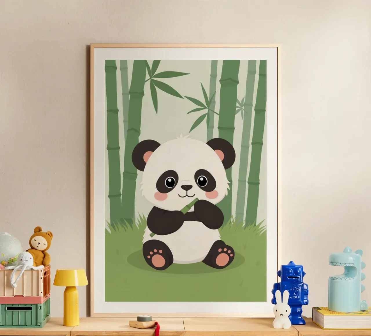 Panda a cartoni animati con bambù nella foresta di bambù poster con telaio in alluminio da DesignDoodle