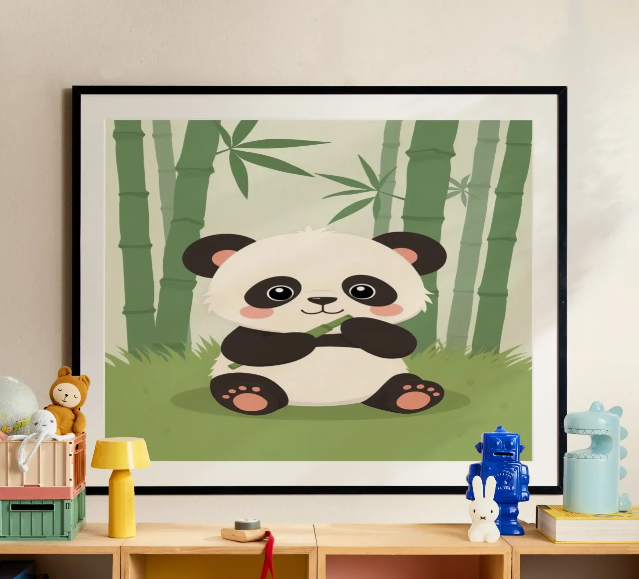 Panda a cartoni animati con bambù nella foresta di bambù poster con telaio in alluminio da DesignDoodle