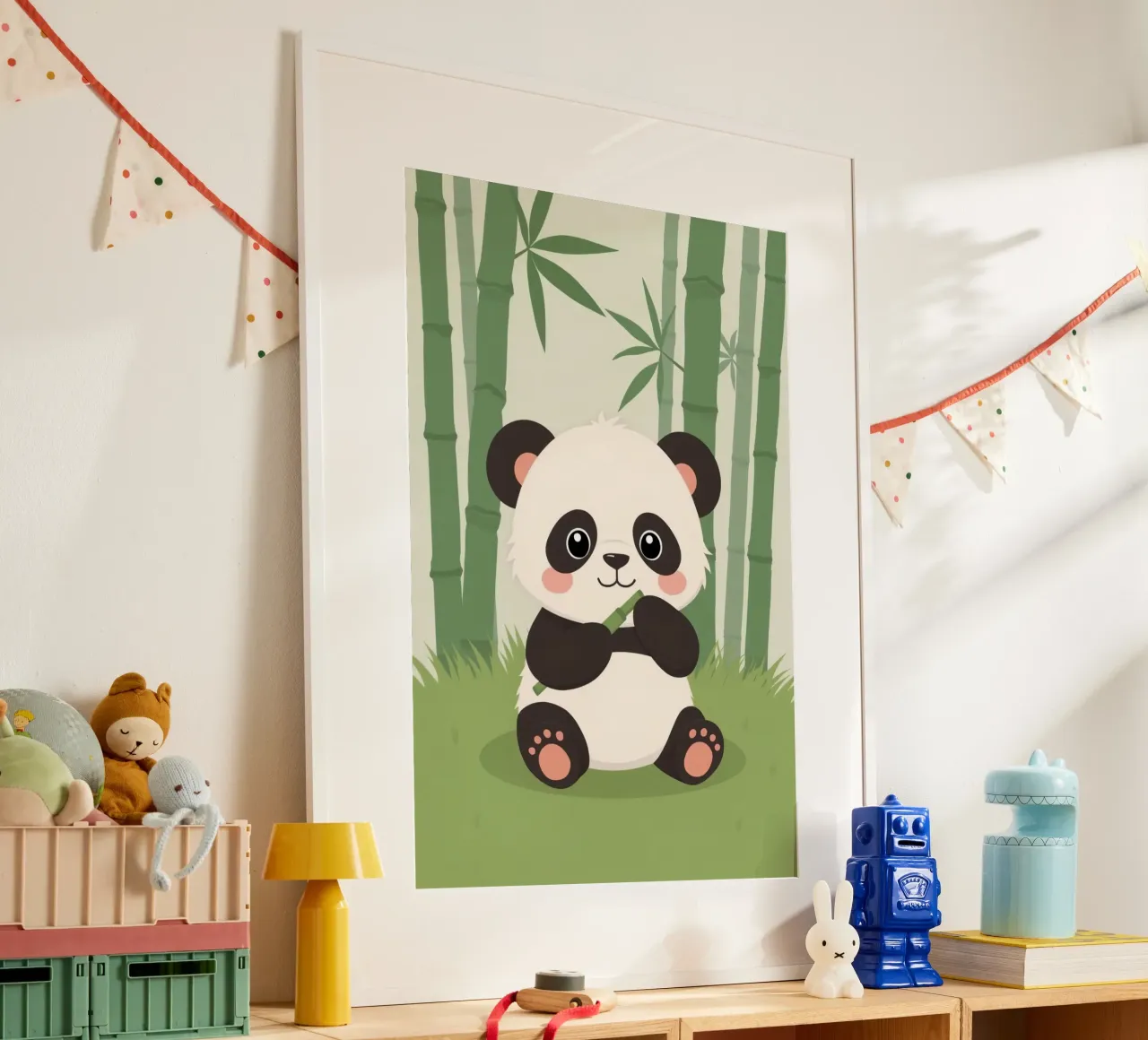 Panda a cartoni animati con bambù nella foresta di bambù poster con telaio in alluminio da DesignDoodle