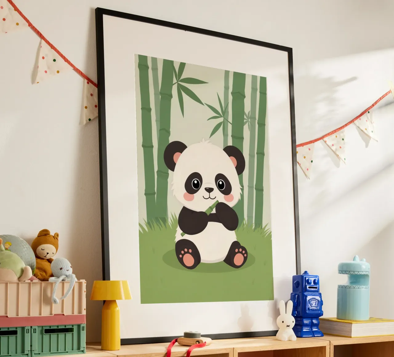 Panda a cartoni animati con bambù nella foresta di bambù poster con telaio in alluminio da DesignDoodle