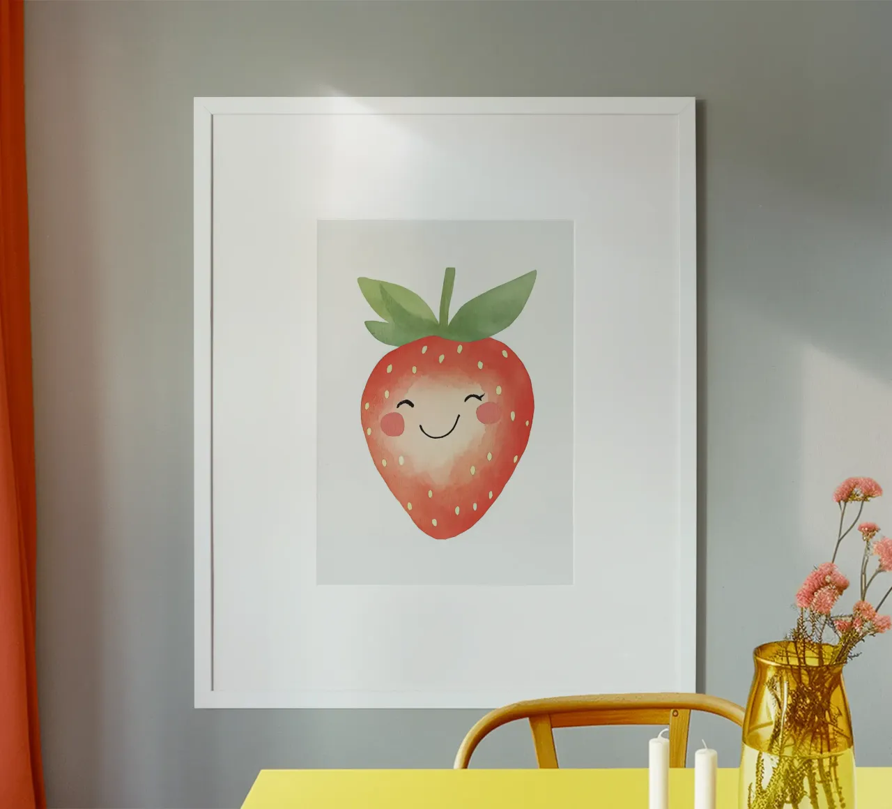 Acquerello di fragole sorridenti poster con telaio in legno da David Müller